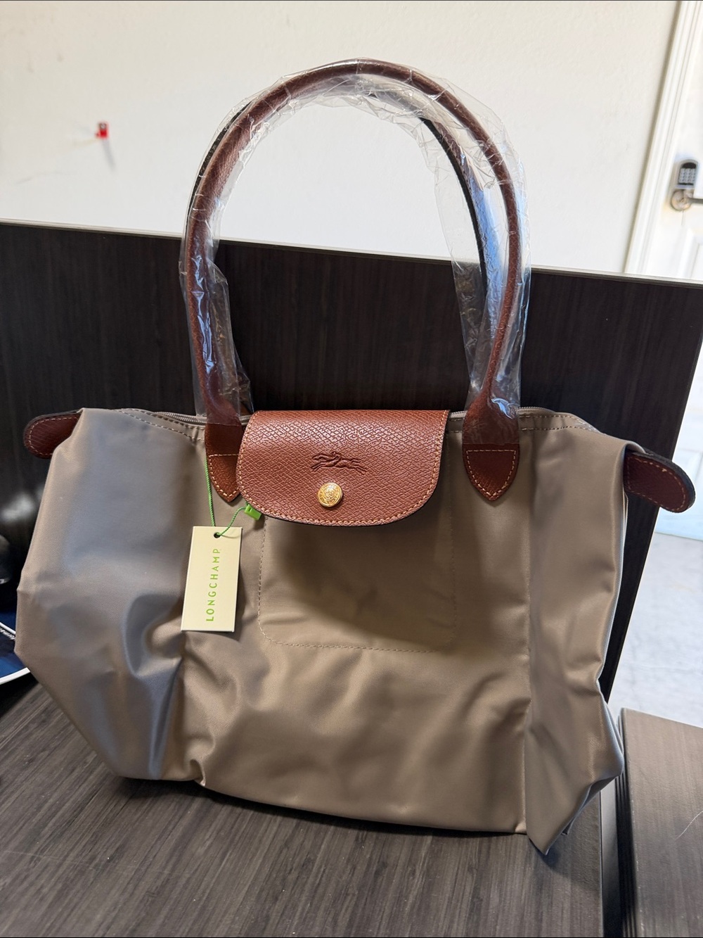 Longchamp Medium Le Pliage Taupe Tote with Brown Leather Trim
